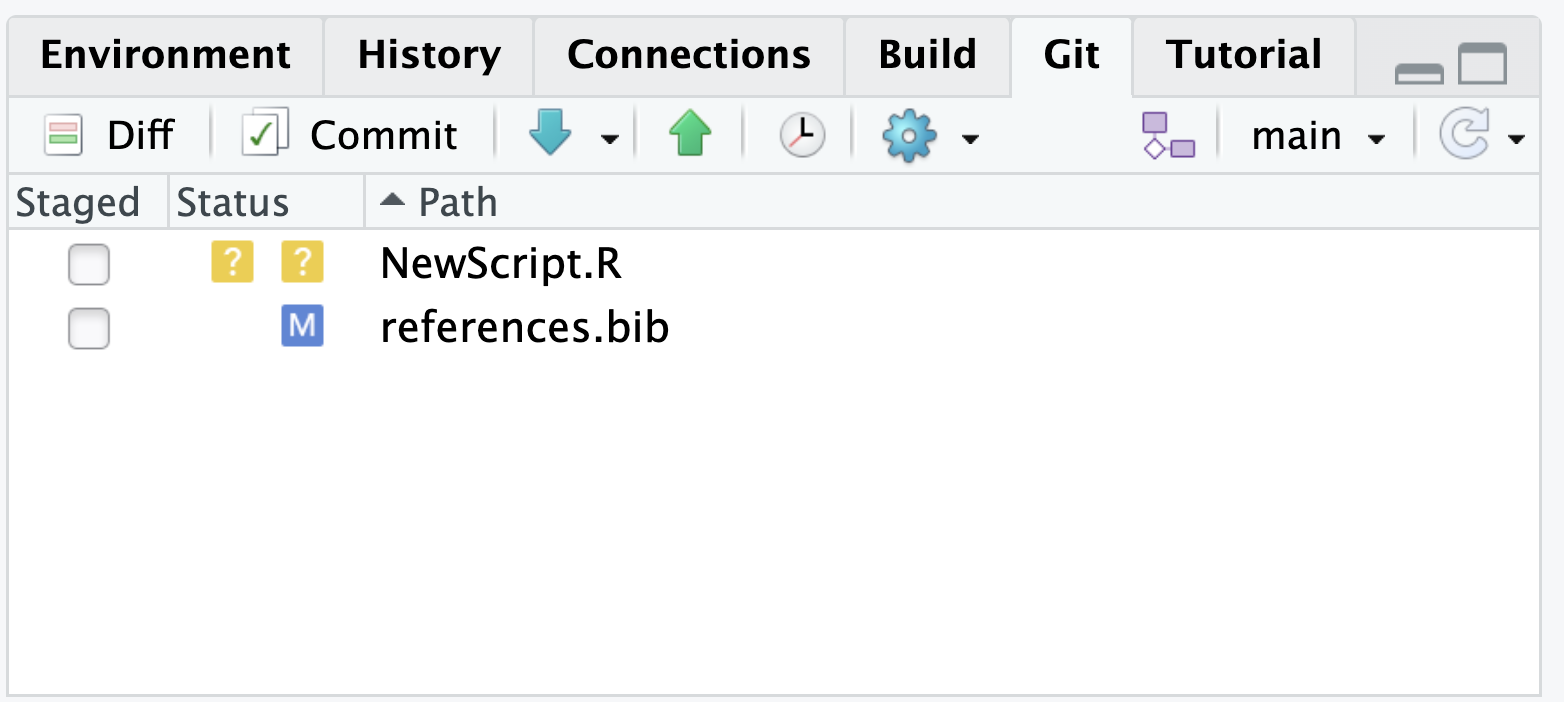 The RStudio Git pane. NewScript.R shows a yellow question mark in both status slots; references.bib shows a blue M in the right-hand slot only.
